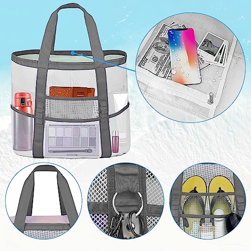 Mesh Beach Bags for Women - Plus Waterproof Sandproof Tote Bag - color: Grey, size: Large