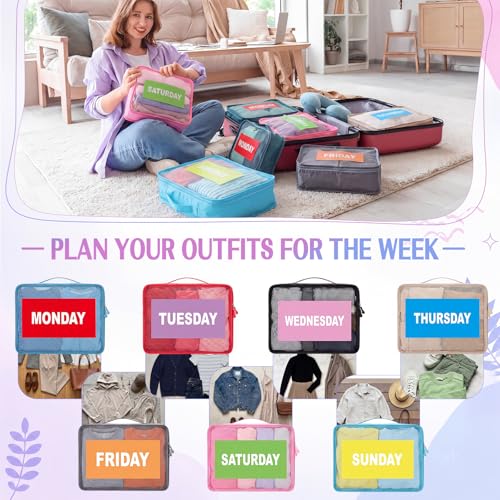Woanger 14 Pcs Packing Cubes for Travel Days of Week Packing Cubes with Labels Zippered Camping Bag for Summer Camp Essentials