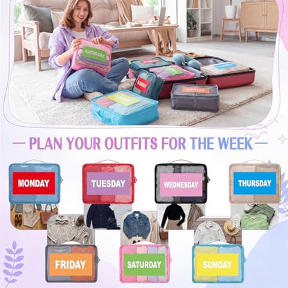 Woanger 14 Pcs Packing Cubes for Travel Days of Week Packing Cubes with Labels Zippered Camping Bag for Summer Camp Essentials