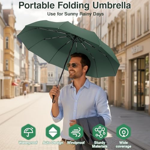 ZOMAKE Travel Umbrella Compact - 10 Ribs Portable Collapsible Umbrellas for Rain Windproof - Paraguas Automatic Small Folding Umbrella Lightweight Packable Umbrella for Women Men - color: Dark Green