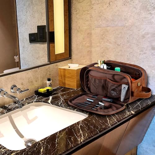 Elviros Toiletry Bag for Men PU Leather Shaving Dopp Kit (Large,Brown) - color: Brown, size: Large (Pack of 1)