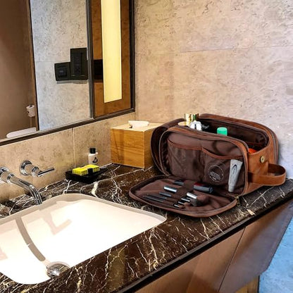 Elviros Toiletry Bag for Men PU Leather Shaving Dopp Kit (Large,Brown) - color: Brown, size: Large (Pack of 1)