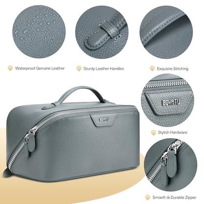 BOYATU Genuine Leather Travel Makeup Bag: Hand-made 3 Pcs Set Cosmetic Bags - color: 03Blue