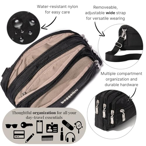 Baggallini Triple Zip Small Crossbody Bag for Women - Lightweight Convertible Fanny Pack Belt Bag - color: Black With Sand Lining, style: Wide Strap