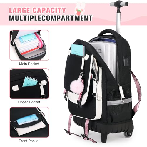 Bevalsa Rolling Backpack for Girls, 3PCS Roller School Backpack Set - color: Black White