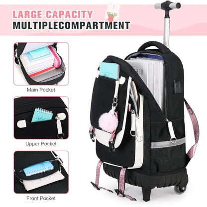 Bevalsa Rolling Backpack for Girls, 3PCS Roller School Backpack Set - color: Black White
