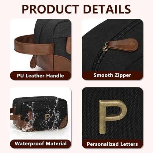 Personalized Toiletry Bag for Men, Birthday Gifts for Men Him | Initial Custom Travel Dopp Kit, Water-Resistant Shaving Bag with Large Capacity, Travel Essentials, Gift Bag for Men, P - style: P