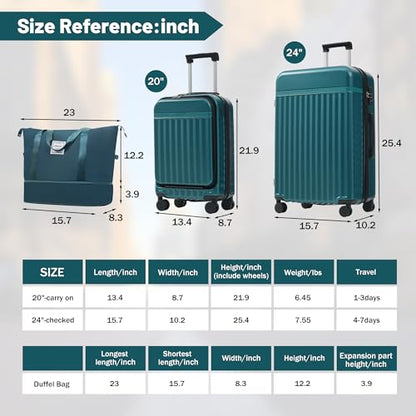Merax Luggage Sets Front Opening,2 Piece Hardshell Suitcase with Bag - color: Dark Green+bag, style: 2-piece Set