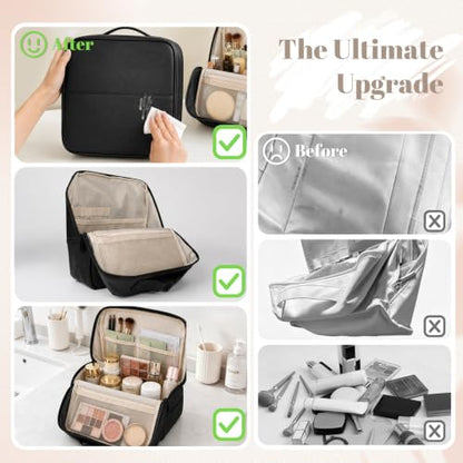 Travel Makeup Bag Cosmetic Organizer Case Standing Makeup Bag（Black） - color: Black