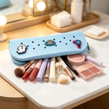 1 Pack Silicone Makeup Brush Holder Soft Portable Cosmetic Brush Bag Pen Case with DIY Holes and 3 Charms(Random) for Travel Home (Pale Blue) - color: Pale Blue