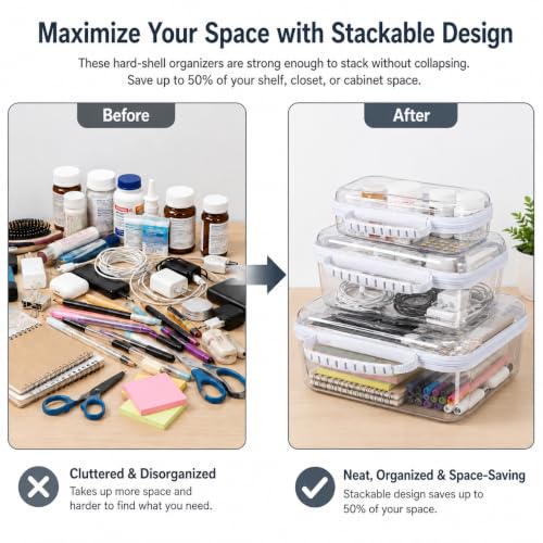 Clear Hard Shell Zipper Case 3PCS Set, 1.2mm PET Travel Organizer | Deep waterproof stackable storage pouches with handle. Heavy duty clear zipper bags for travel, makeup, toys and snacks - color: White