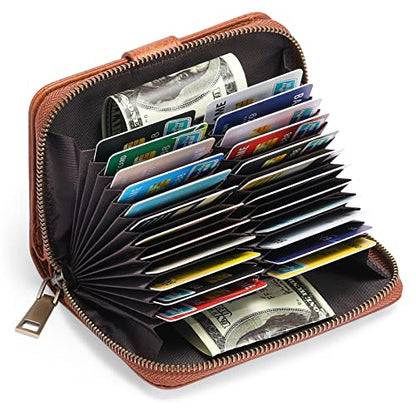 GAEKEAO Leather Credit Card Holder Wallet for Women RFID Blocking Large Capacity Bifold Zipper Card Case Organizer with Wristlet 32 Slots - color: B-Bronze-Large