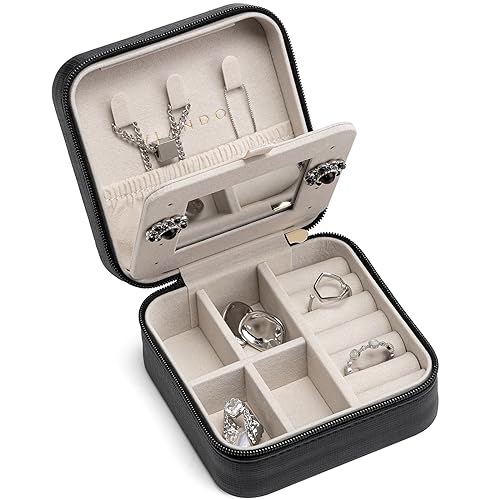 VLANDO Travel Jewelry Case with Mirror, Storage 3 Pairs of Stud Earrings - color: D.Black - Mirror