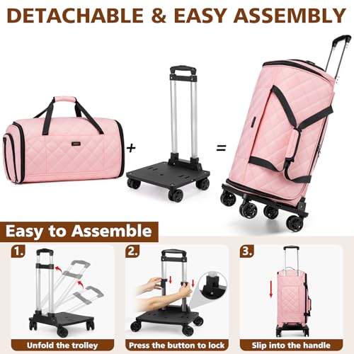 Rolling Garment Bag for Travel, 50L Duffle Bag with Shoe Compartment, 4pcs - color: Pink