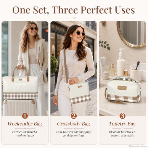 ITIEZY Weekender Bag for Women 21.5" Travel Duffel Large Carry On Bag 3PCS - color: 8d-Khaki