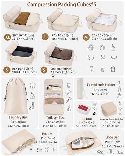 12pc Compression Packing Cubes for Suitcases, Expandable Travel Organizer Bags Set for Luggage, Lightweight Carry On Essentials, Beige - color: Cream