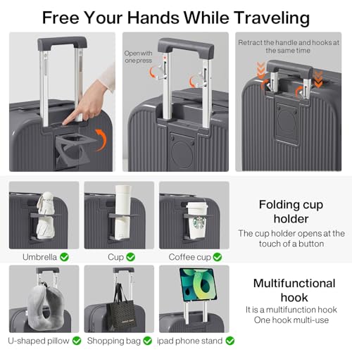 mixi Checked Luggage with Cup Phone Holder Hard Shell Rolling Travel Suitcase with Spinner Wheels,24 Inch Rock Grey - color: Rock Gray, size: 24-inch