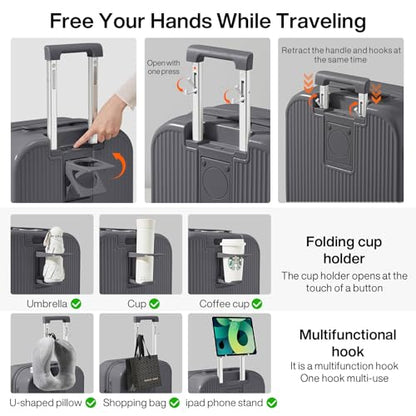 mixi Checked Luggage with Cup Phone Holder Hard Shell Rolling Travel Suitcase with Spinner Wheels,24 Inch Rock Grey - color: Rock Gray, size: 24-inch