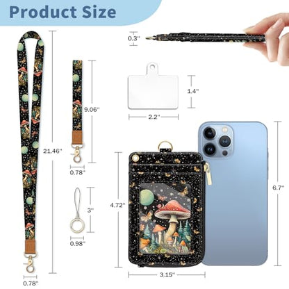 Lanyard Wallet with Id Badge Holder Keychain Card Women Mushroom - color: Mushroom Black
