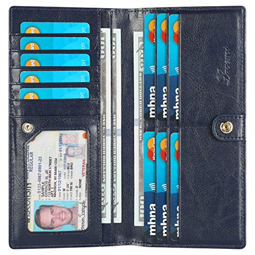 Lavemi Ultra Slim Thin Leather Women Wallet RFID Blocking Credit Card Holder Bifold Long Ladies Billfold - color: 1-waxed Blue