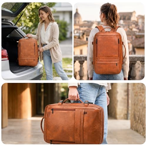 Travel Backpack Women, PU Leather Carry On Backpack Flight Approved, Brown - color: Brown