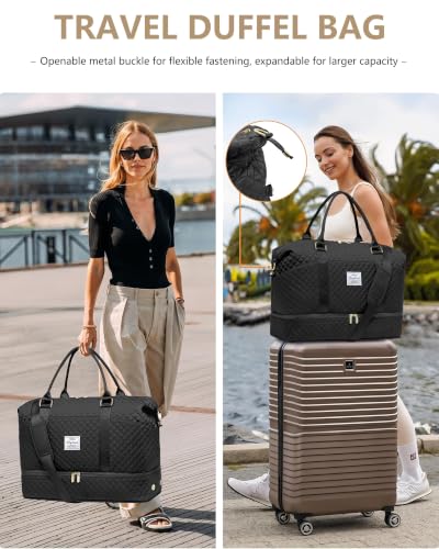 Weekender Travel Duffle Bag for Women: Overnight Bags with Shoe Compartment - color: 1-Black, size: Large