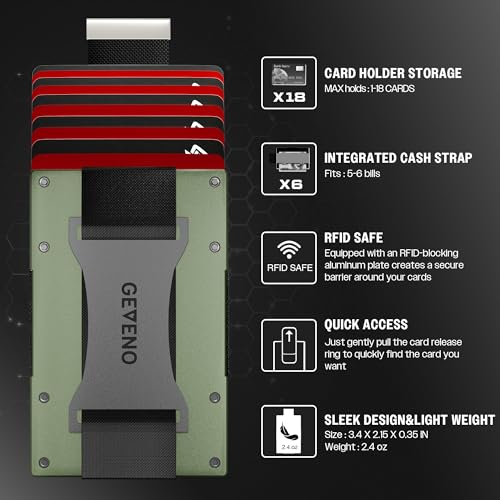Slim Ridge Wallet for Men–Metal Minimalist RFID 1–21 Card Holder - color: Olive Green, style: Cash Strap