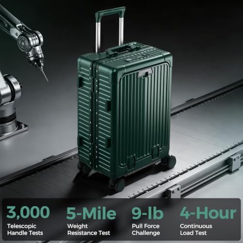 Carry on Luggage Aluminium Frame with Cup Holder,Top opening Suitcases and USB Charging Port,Lightweight with Front Pocket Rolling Suitcases with Spinner Wheels (Green, 20Inch) - color: Green