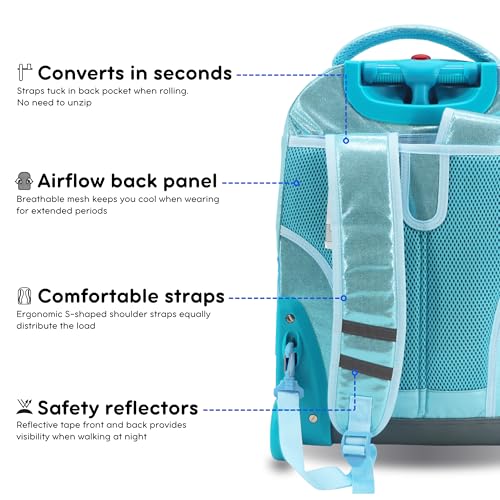 J World Sunrise Kids Rolling Backpack with Wheels for Girls Boys, Roller Bookbag for School, 18 x 13 x 9 Inches, Metallic Teal - color: Metallic Teal