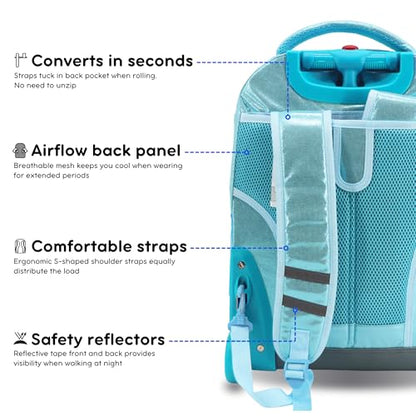 J World Sunrise Kids Rolling Backpack with Wheels for Girls Boys, Roller Bookbag for School, 18 x 13 x 9 Inches, Metallic Teal - color: Metallic Teal