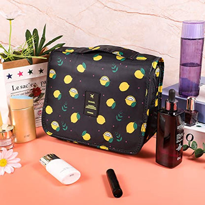 Hanging Toiletry Bag for Women, Portable Cosmetic Summer Beach Bag, Lemon - color: Black