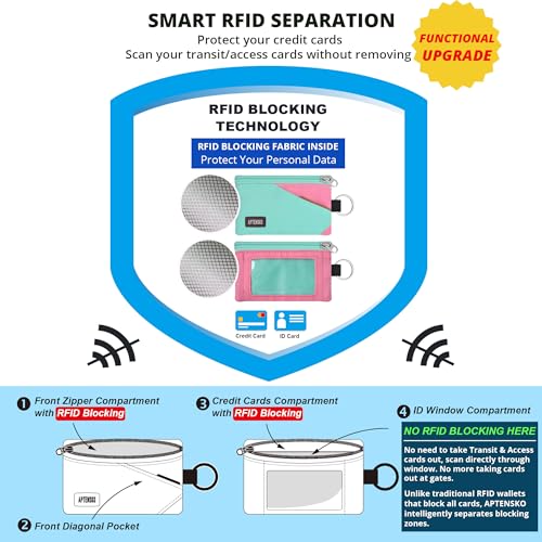 RFID Blocking Travel Wallet with Adjustable Lanyard, Small Nylon Zipper Pouch and Badge Holder for ID, Credit Cards, Cash, Keys, Commuters (Mint Aqua+Pink) - color: Mint Aqua+Pink