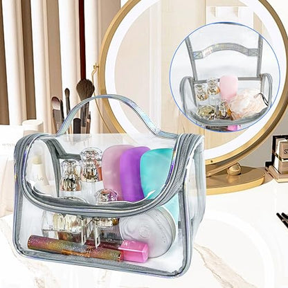 Heavy Duty Clear Travel Makeup Bag, 9.05 x 5.9 x 5.51 inches, Transparent Waterproof Toiletry Organizer with Handle PVC Cosmetic Wash Bath Storage Bag (Clear) - color: silver