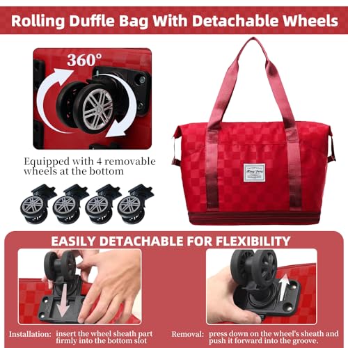 Rolling Duffle Bag with Wheels Expandable Foldable Travel Duffel Bag Checkerboard Carry on Luggage Bag Weekender Bag for Men Women - color: Red+Shoe Bag