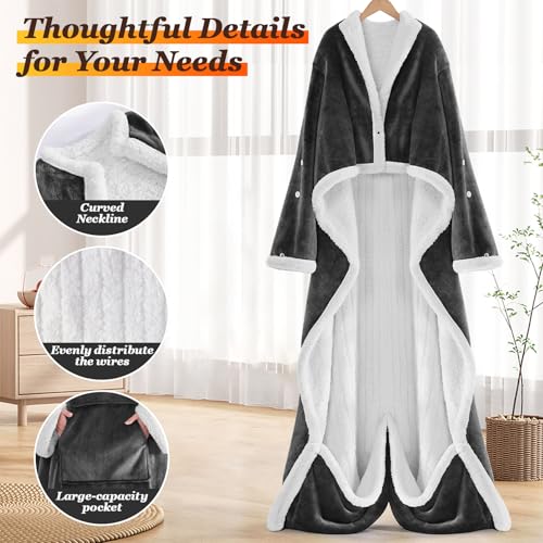 Wearable Heated Blanket with Foot Pocket, Electric Throw Blanket with Sleeves, Heated Cozy Warm Shawl with 10 Heat Settings and 1/2/4/6/8 Hours Auto-Off（50''x75'' Dark Grey） - color: Grey