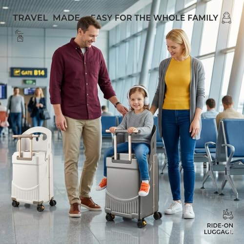 Ride On Suitcase for Kids Ages 2-12, Widened Handle Luggage with Seat & Front Pocket, Lightweight Hardshell Travel Case with 360° Silent Spinner Wheels and TSA Approved Lock,Grey - color: Grey