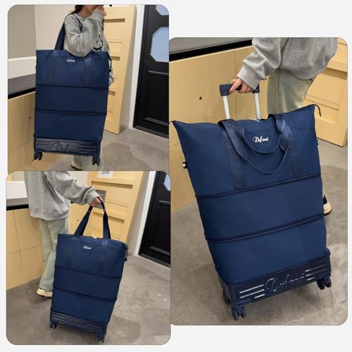 Rolling Duffle Bag with Wheels and Handle, Expandable Foldable Carry On Luggage with Removable Wheels, Personal Item Travel Bag, Lightweight Duffel Tote for Gym Hospital Weekender (Deep Navy) - color: Deep Navy