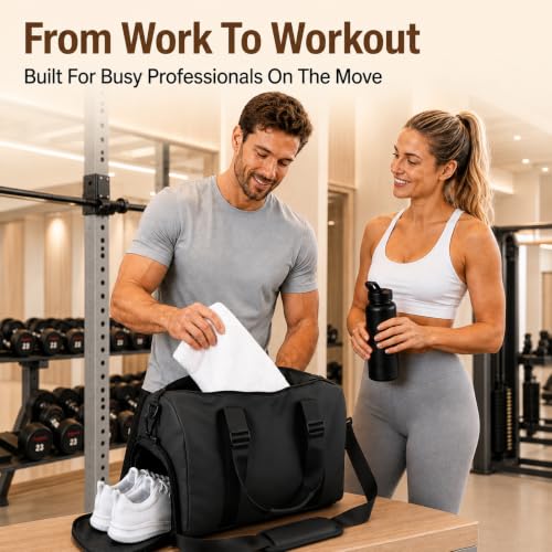 Gym Duffel Bag with Shoe Compartment, Water Resistant Travel Bag - color: black