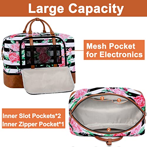 TIBES Travel Weekender Bag for Women, Overnight Bag with Shoe Compartment - color: M-Flower Black & White Strips