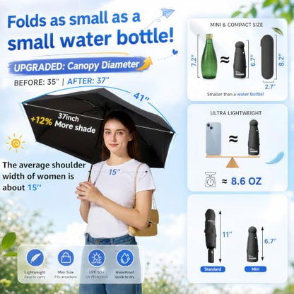 BAODINI Mini Travel Umbrella with UV Sun Protection, Compact Pocket-Size - color: A-2 Pack Black