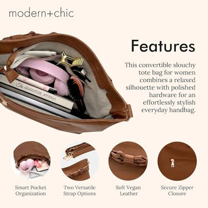 Modern+Chic Sawyer Convertible Slouchy Tote or Crossbody Shoulder Bag, Slouchy Purses for Women, Removeable Adjustable Strap - color: Saddle