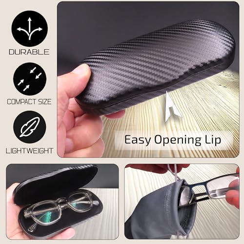 MyEyeglassCase Men's Medium Glasses Case - Classic Eyeglasses Hard Shell Holder, Elegant Easy Open Lip with Pouch and Cloth - color: As196 Carbon Black
