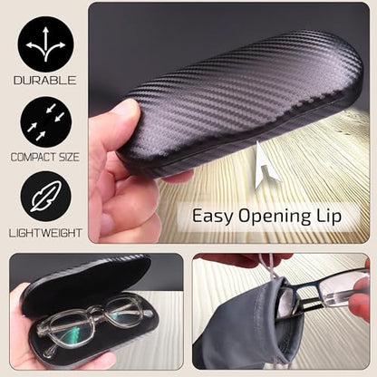 MyEyeglassCase Men's Medium Glasses Case - Classic Eyeglasses Hard Shell Holder, Elegant Easy Open Lip with Pouch and Cloth - color: As196 Carbon Black