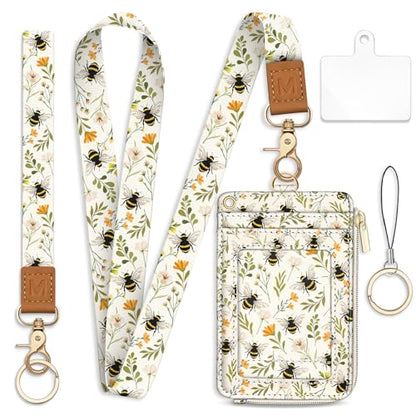 Bee Lanyard Wallet with Id Badge Holder Keychain for Card Women - color: Bee Flower