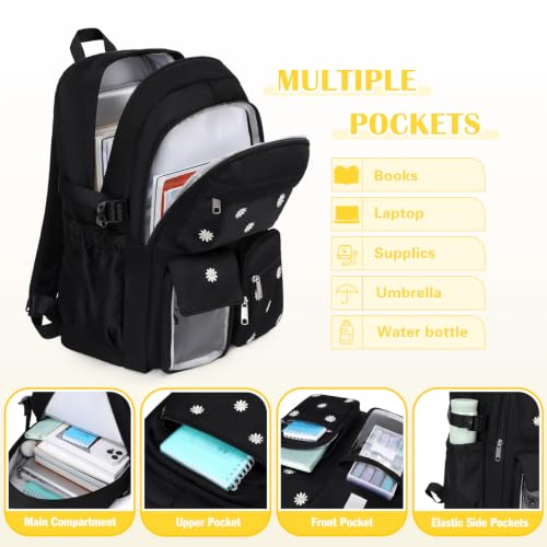 ACESAK 3PCS Embroidered Girls Backpack with Lunch Bag Set,Black Daisy - color: Black Daisy