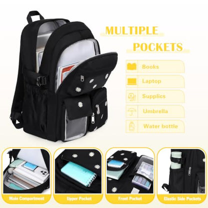 ACESAK 3PCS Embroidered Girls Backpack with Lunch Bag Set,Black Daisy - color: Black Daisy