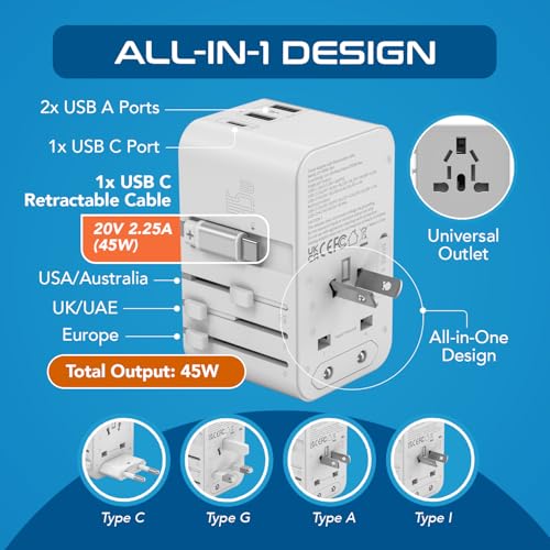 Ceptics 45W Universal Adapter, USB-C Cable, 3 USB Ports & Universal Input - color: White/Silver