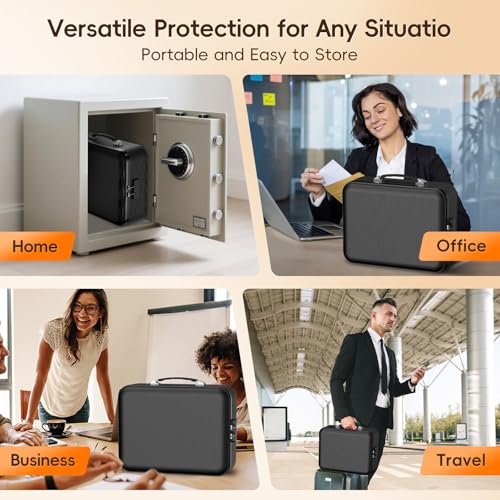 Fireproof Document Box with Lock, Waterproof Hard Shell File Organizer with Accordion Folder, Portable Fireproof File Safe Box for Home Office Storage of Documents, Laptop, Cash & Passports