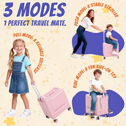 20" Ride-On Suitcase for Kids Lightweight Carry-On Luggage with Detachable Seat&Dual Telescoping Handles&360°Silent Spinner Wheels & TSA Lock - color: Pink