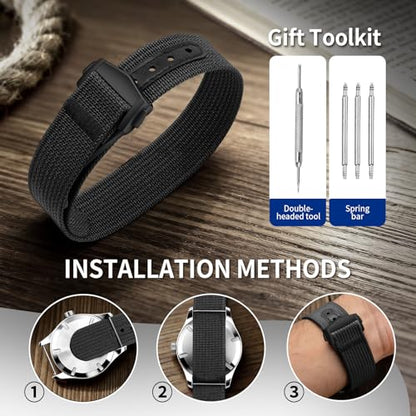 Nylon Watch Strap 20mm 22mm Nylon Watch Band Replacement Single Pass Strap Breathable Military Watch Bands for Men Soft Elastic Watch Straps - color: Black (Black Buckle), size: 22mm